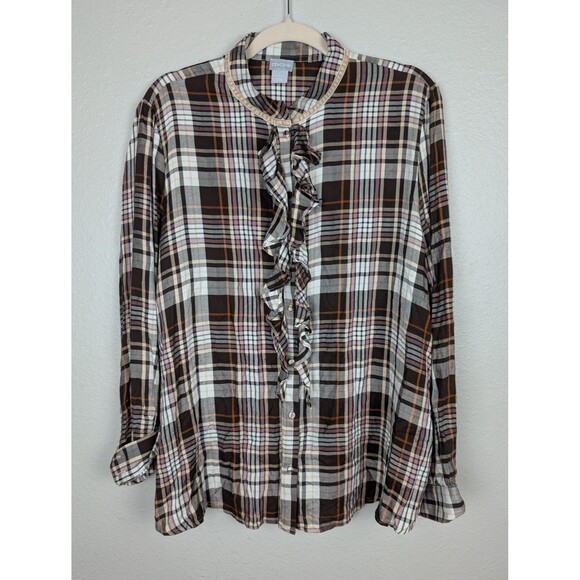 Chicos Plaid Ruffle Front Top Blouse Womens Size 3 16 18 - Picture 1 of 7